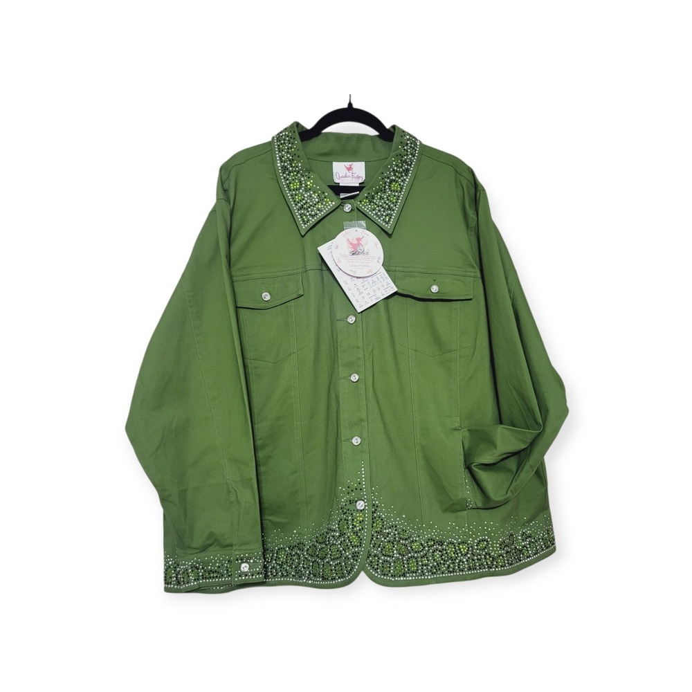 QUACKER FACTORY Plus 3X NWT Green Rhinestone Embellished Stretch Cotton Jacket - Picture 3 of 11